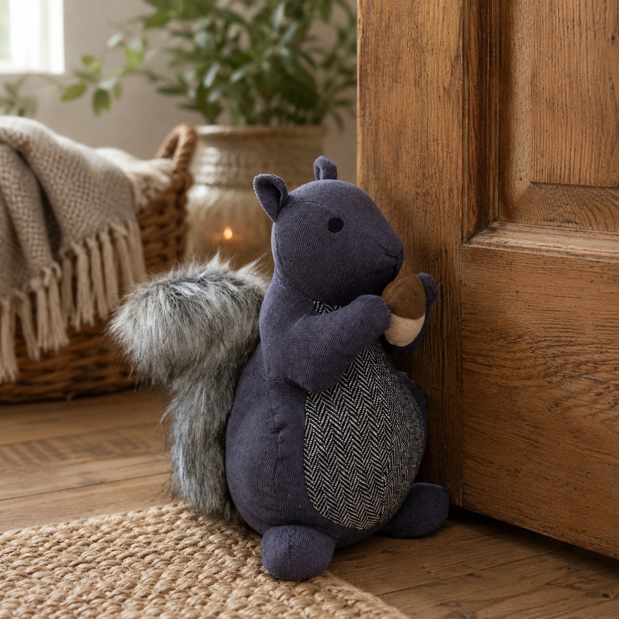 Soft navy plush squirrel holding a small brown acorn beside a wooden cabinet indoors