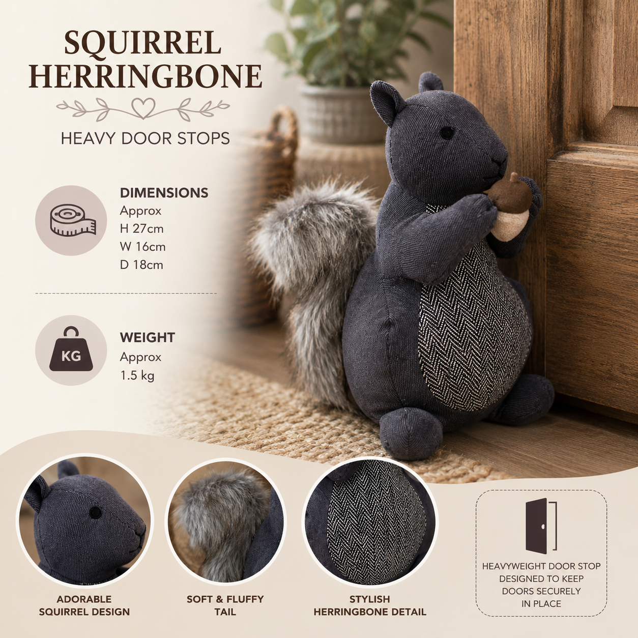 ChatGPT Image Jul 1 2026 10_09_18 AM - Butterflygifts Ltd Infographic of a plush dark-slate squirrel door stop with a herringbone belly; shows approx dimensions (27x16x18 cm) and weight (1.5 kg).