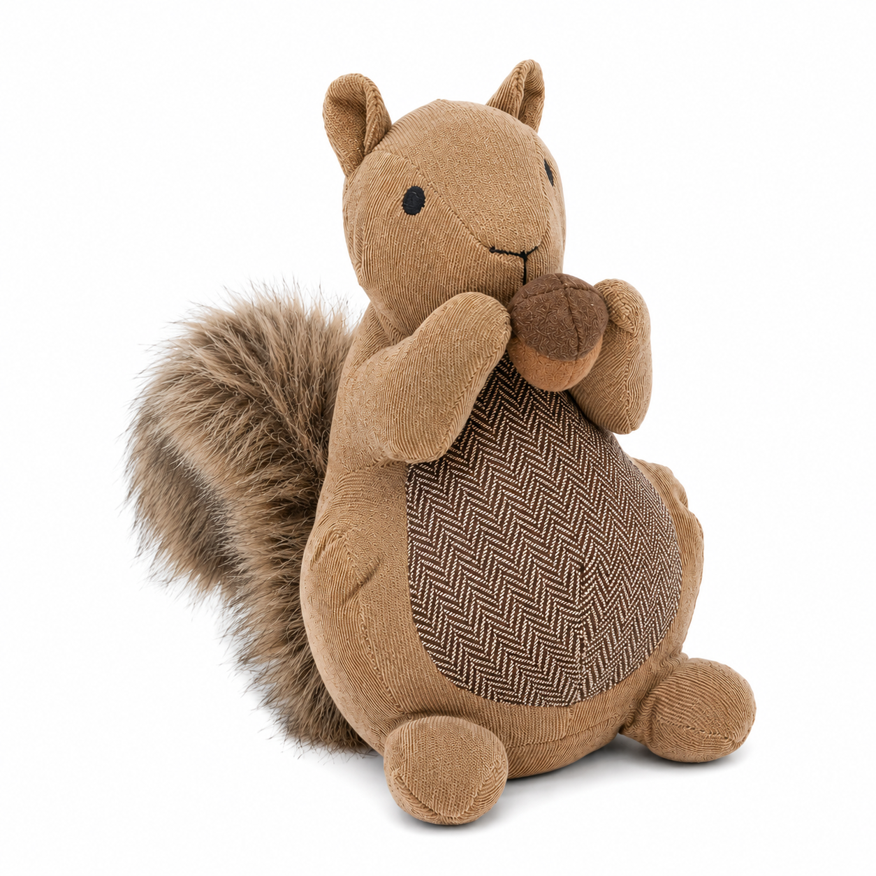 ChatGPT Image Jul 1 2026 10_23_46 AM - Butterflygifts Ltd Soft brown plush squirrel toy sitting upright, holding a textured brown acorn with a patterned belly and fluffy tail trailing behind