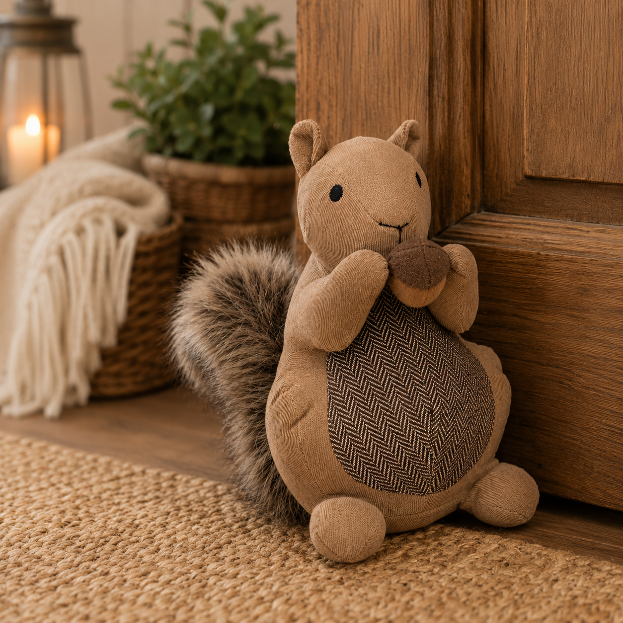 Plush brown squirrel holding a nut sits on a woven rug by a wooden door in a cozy entryway.