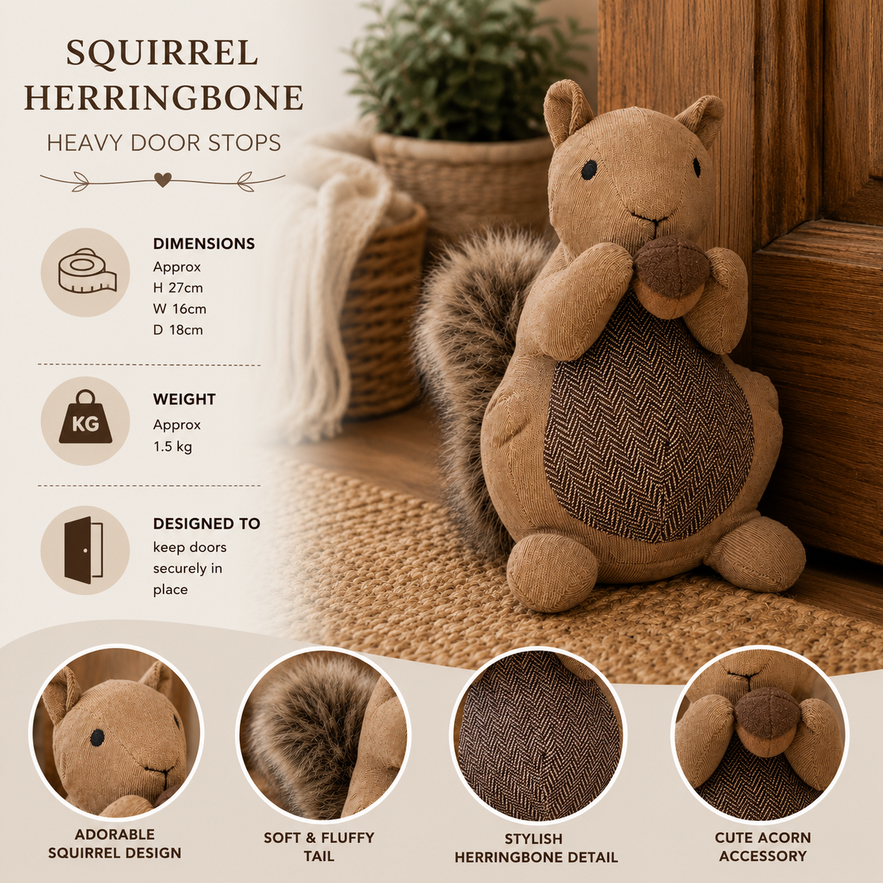 ChatGPT Image Jul 1 2026 10_28_34 AM - Butterflygifts Ltd Squirrel-shaped door stop on a cozy floor scene, with product specs (dimensions, weight, design purpose) on the left.