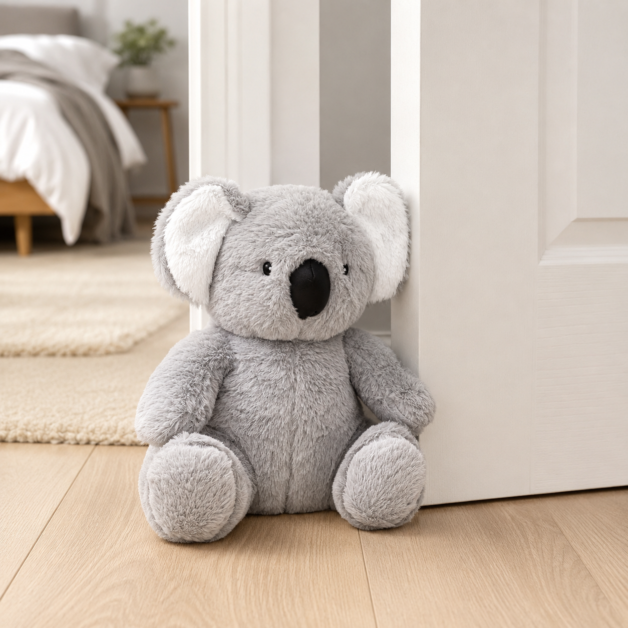 Gray plush teddy bear sitting by an open doorway in a cozy bedroom.