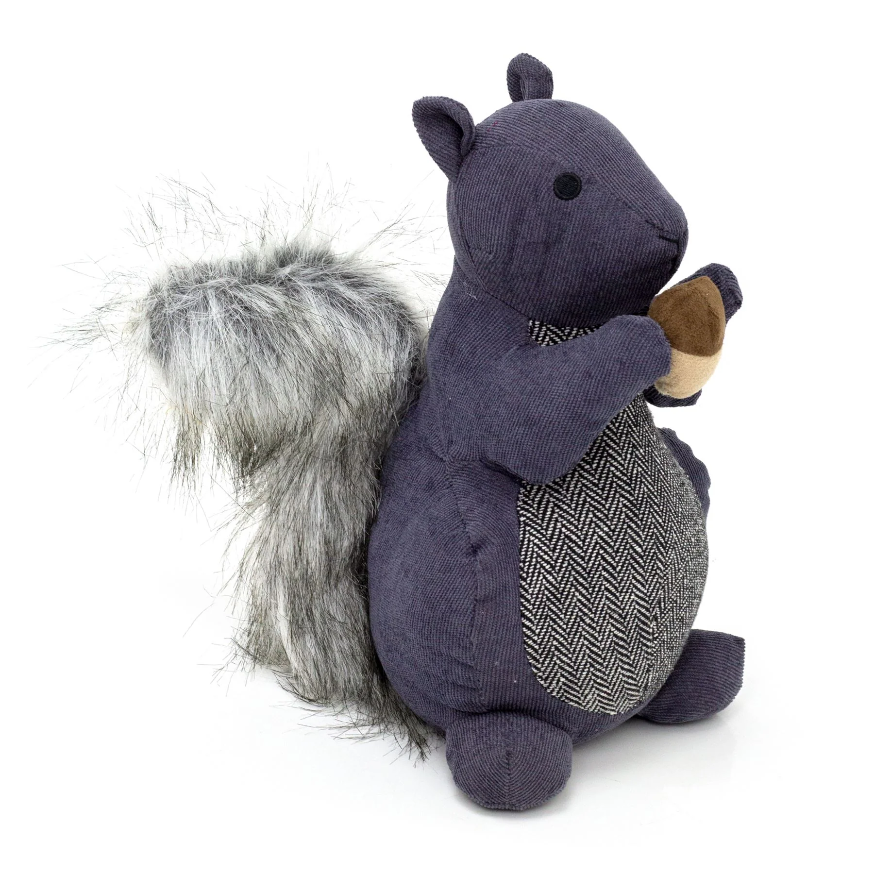 cb07b207-adb5-45fd-a4d3-5ab985ded72f - Butterflygifts Ltd Purple-gray plush squirrel holding a brown nut, with a fluffy gray tail, against a white background.