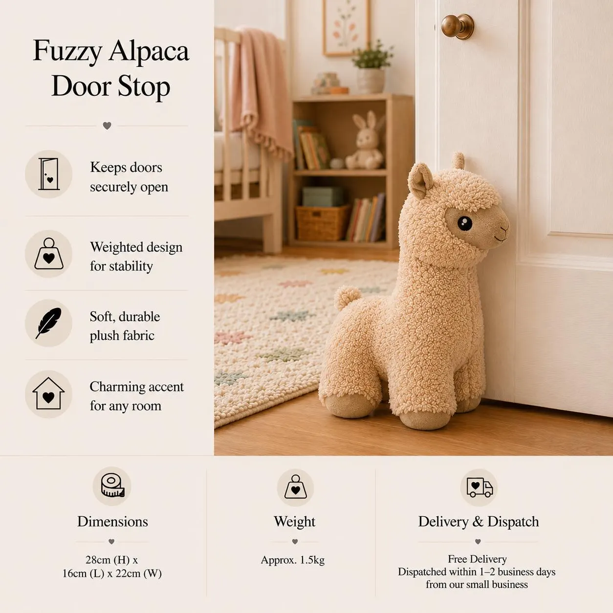 il_fullxfull8317977462_ky2j - Butterflygifts Ltd Cream fuzzy alpaca door stop on a wooden floor beside a white door, with a feature list panel on the left describing benefits like keeps doors open and soft plush fabric.