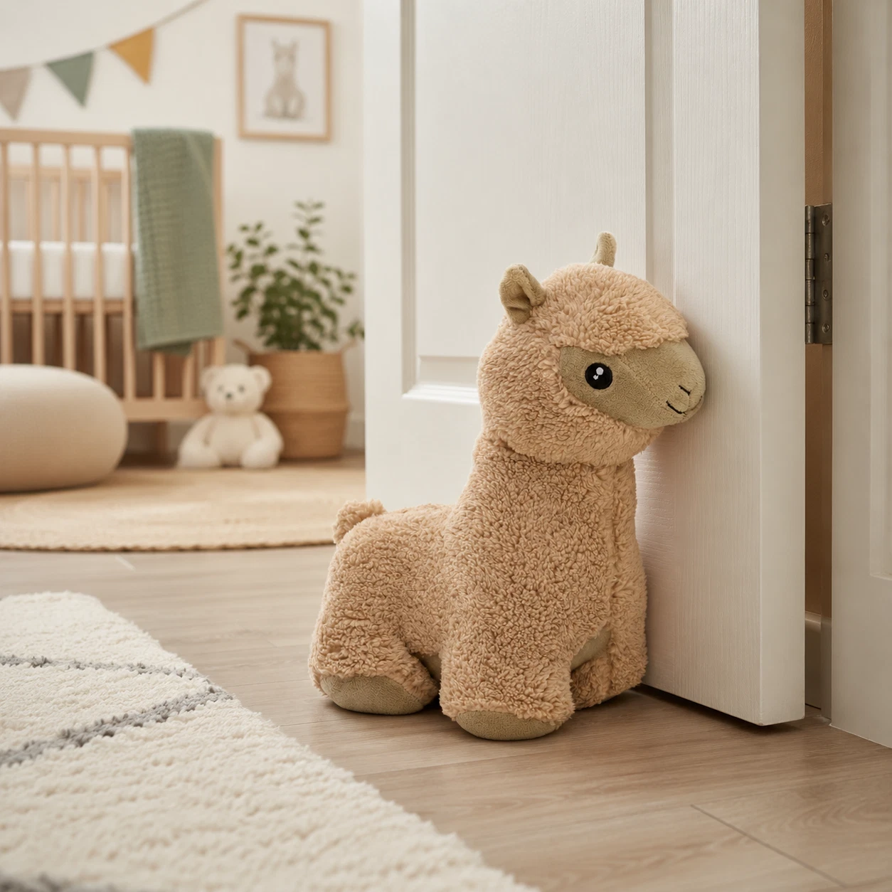 Beige plush camel toy sits by an open door in a cozy nursery.