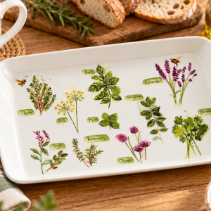 Illustrated herb tray with labeled sprigs: thyme, dill, basil, oregano, lavender, parsley, mint, sage, rosemary, chives on a white dish.