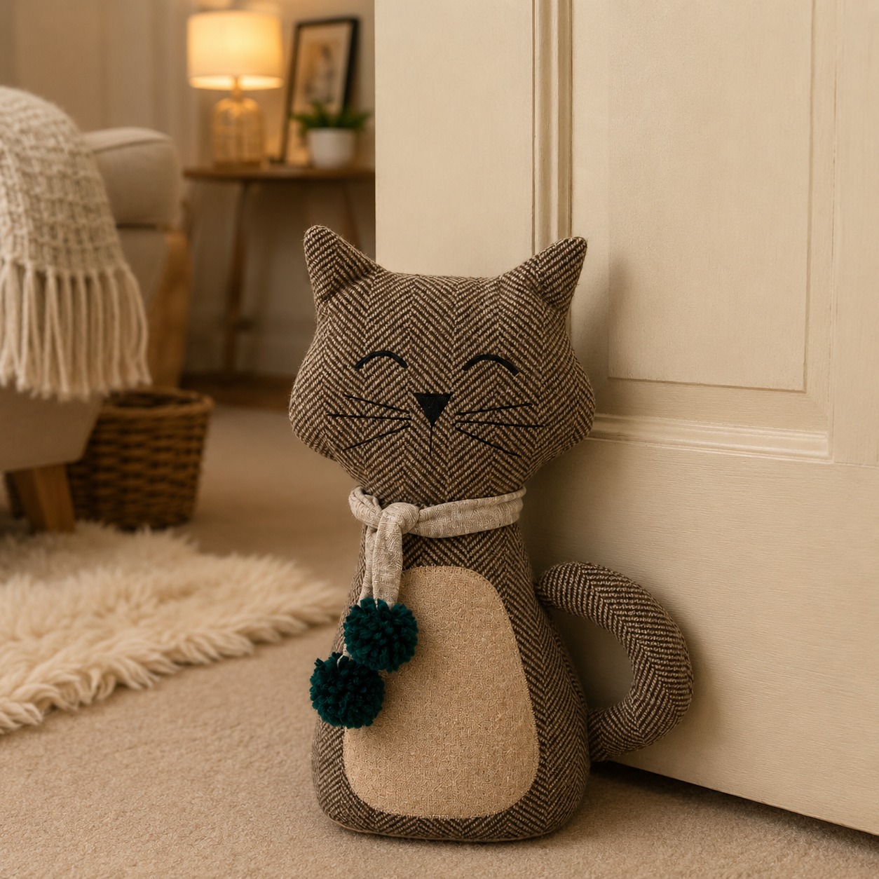 Herringbone-pattern plush cat with a scarf and green pom-poms leaning against a cabinet in a cozy living room.