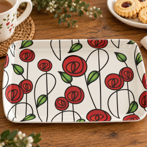 Decorative rectangular plate with red rose pattern on a wooden table, tea mug nearby and cookies on a plate in the background.
