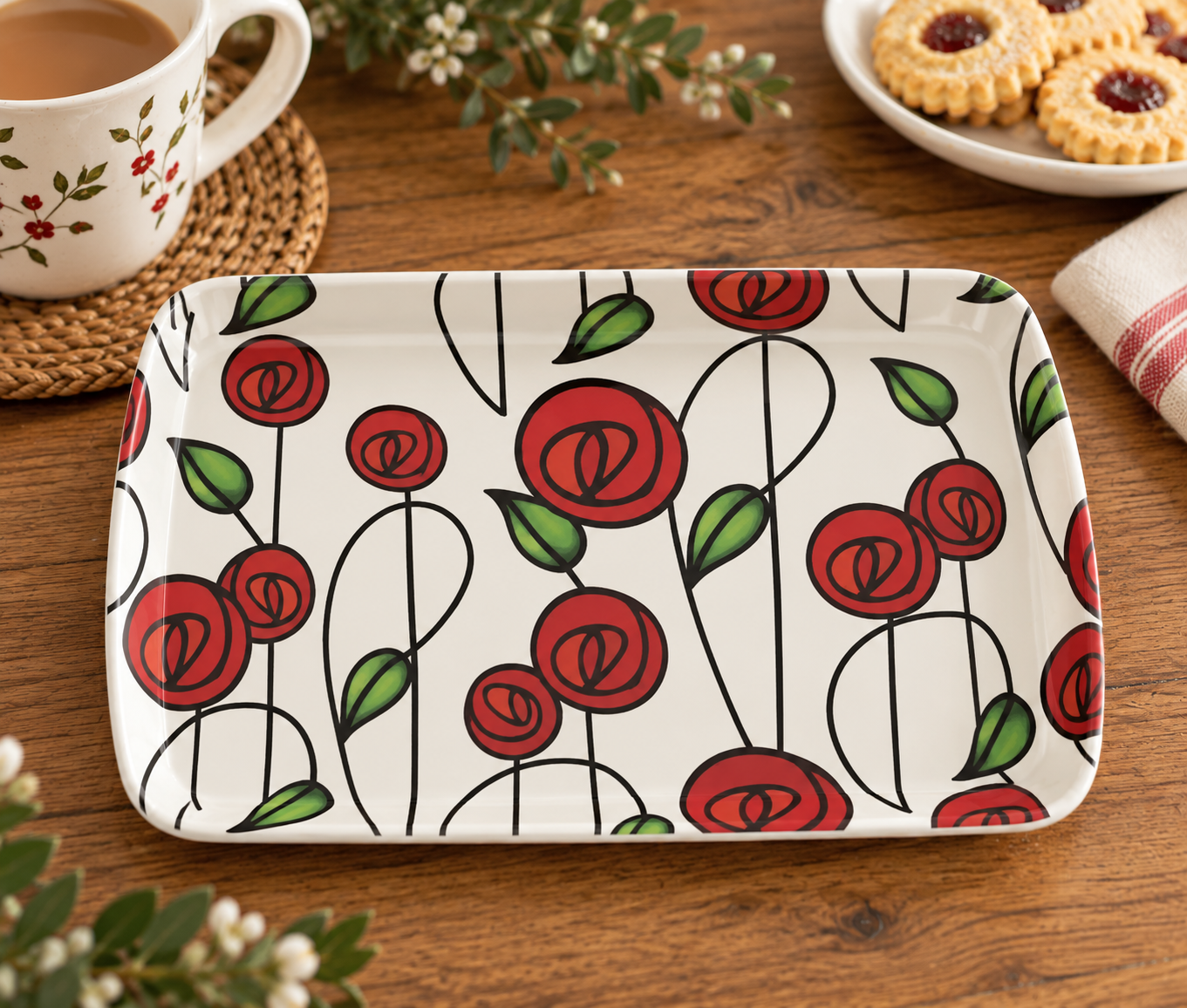 Decorative rectangular plate with red rose pattern on a wooden table, tea mug nearby and cookies on a plate in the background.