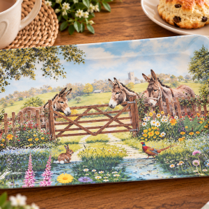 Rectangular decorative plate depicting a pastoral scene with two donkeys at a wooden gate, blooming flowers, a rabbit, and a bird by a stream.