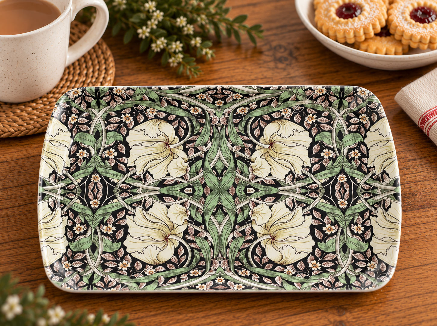 Decorative rectangular ceramic plate with an intricate cream and green floral pattern on a black background on a wooden table.
