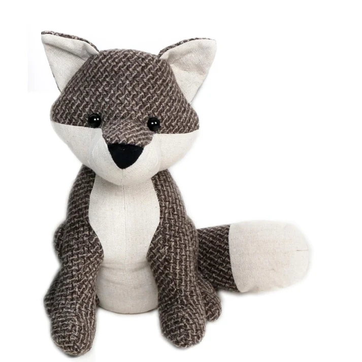 doorstopfoxbrown - Butterflygifts Ltd Plush fox toy with brown textured fur, white belly, black nose and button eyes, sitting upright.
