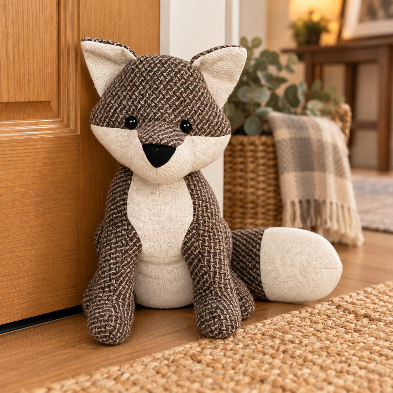 Brown and beige fabric fox stuffed animal sitting on a wooden floor beside a cabinet.