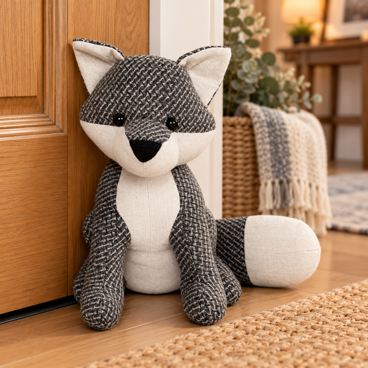 Gray plaid plush fox stuffed animal sitting on a wooden floor beside a door in a cozy home interior.