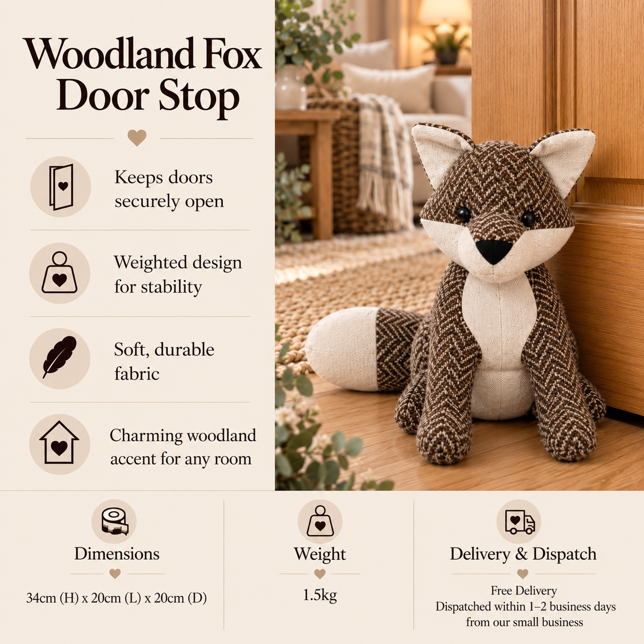 doorstopfoxinfobrown - Butterflygifts Ltd Promotional image for Woodland Fox Door Stop featuring a plush fox beside a doorway and feature bullets on the left panel.