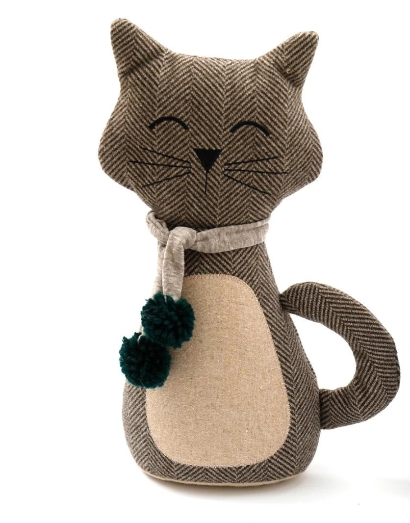s-l1600 15 - Butterflygifts Ltd Cat-shaped plush toy in herringbone fabric with a scarf and green pom-poms on the scarf ends.