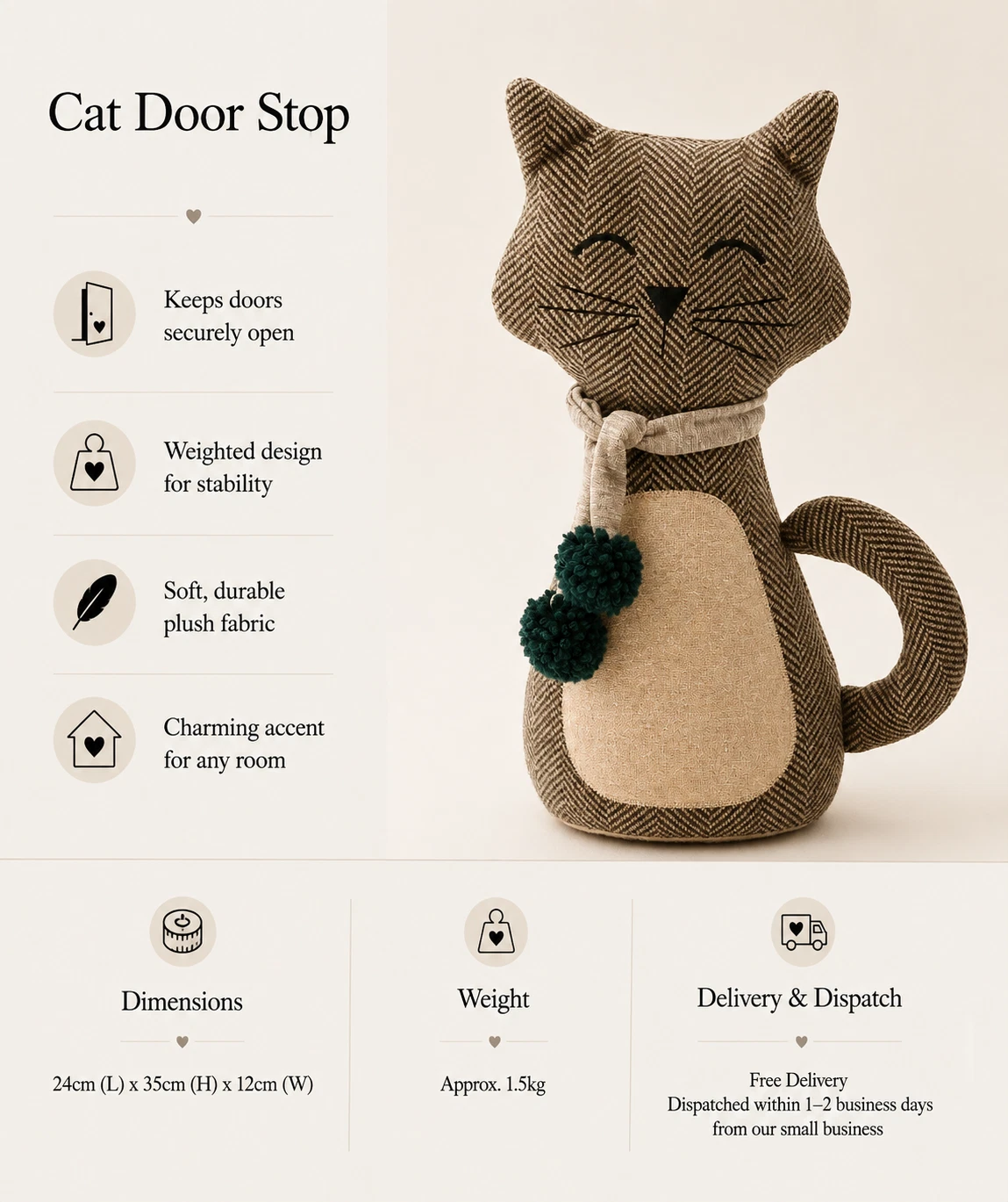 s-l1600 16 - Butterflygifts Ltd Plaid fabric cat door stop with a scarf, listing features: keeps doors open, weighted for stability, plush fabric, and a charming home accent.
