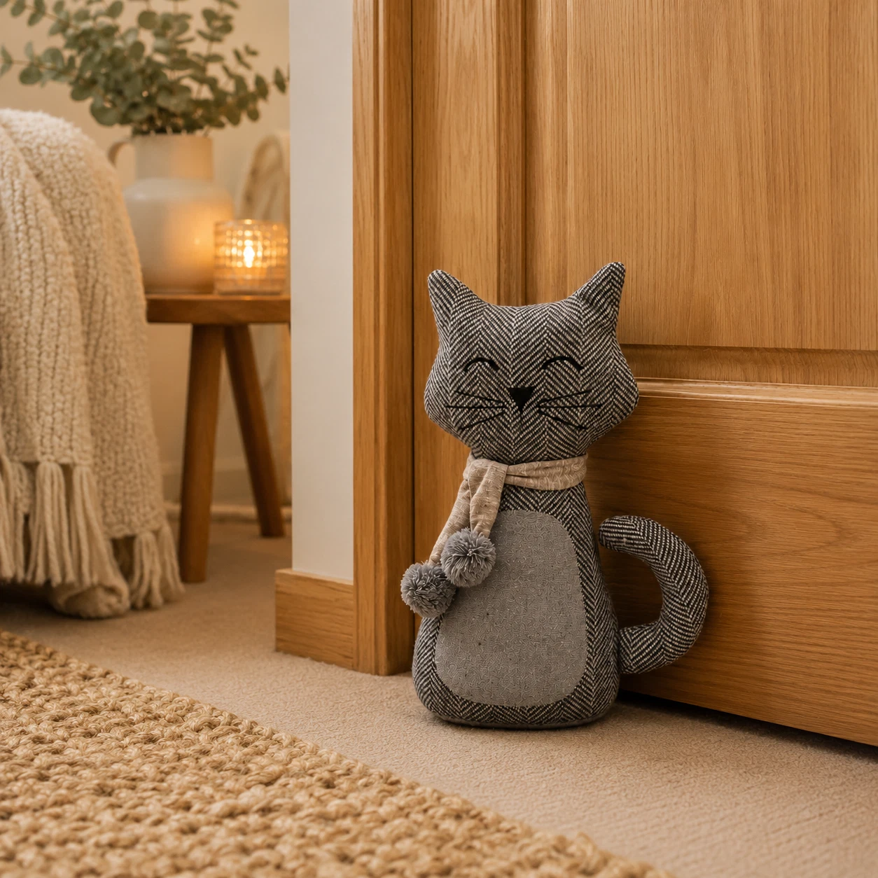Fabric cat plush toy with a striped gray pattern sitting beside a wooden wardrobe, wearing a scarf with pom-poms in a cozy bedroom corner