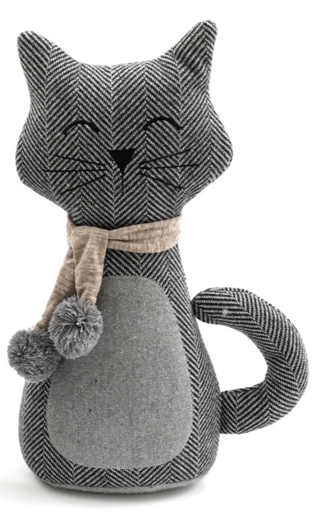 s-l1600 18 - Butterflygifts Ltd Fabric cat figurine with a beige scarf and two pom-poms on the ends, made of grey herringbone fabric with a lighter grey belly.