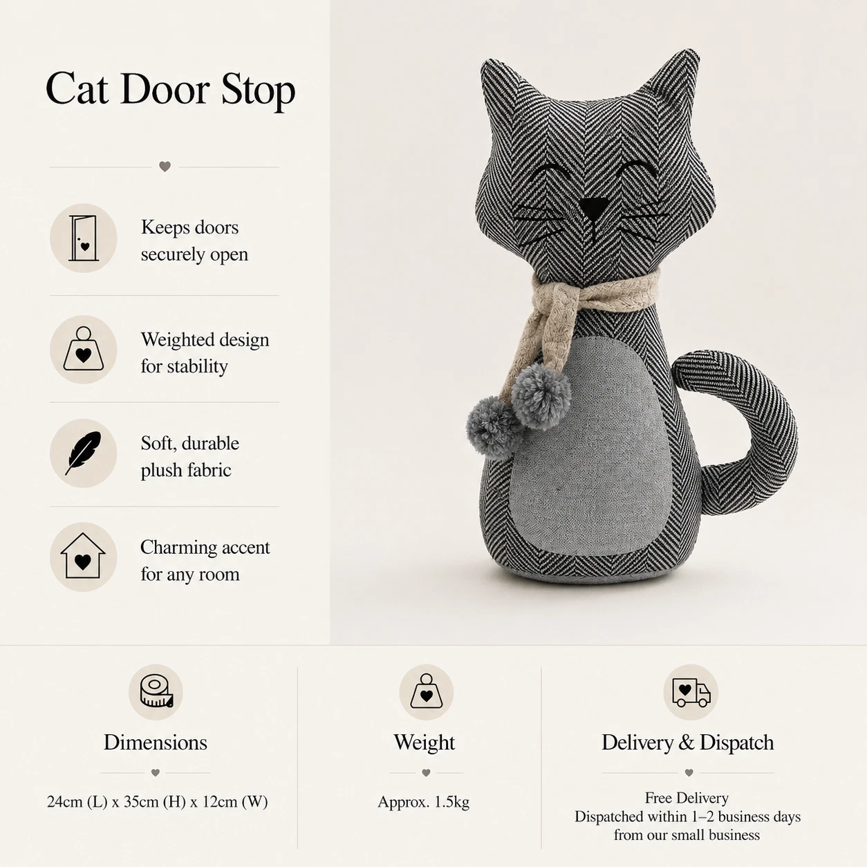 s-l1600 19 - Butterflygifts Ltd Cat-shaped door stop in a herringbone fabric with pom-poms, shown beside feature list and delivery info.