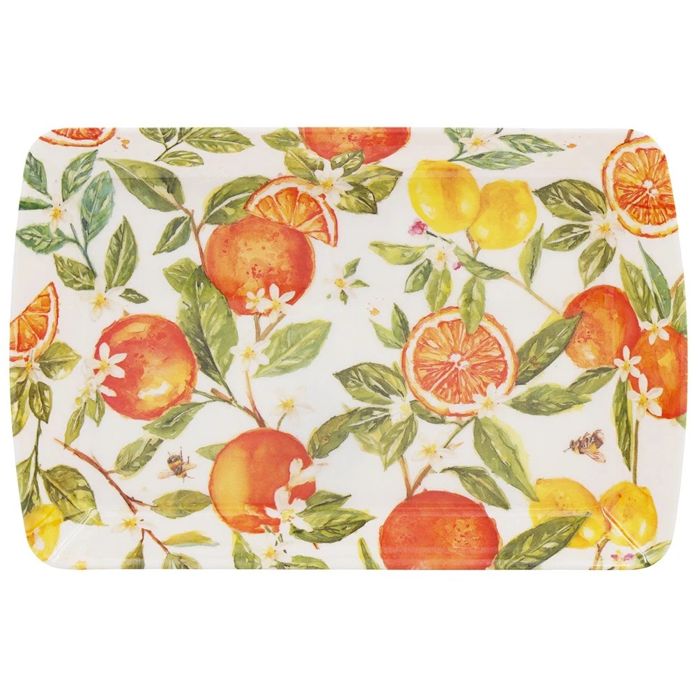 small-tary-orange7lemons - Butterflygifts Ltd Rectangular serving tray with a bright citrus fruit pattern (oranges and lemons) on a white background and green leaves.