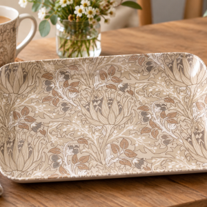Rectangular ceramic plate with a beige floral pattern on a wooden table, beside a mug of tea and a plate of cookies.