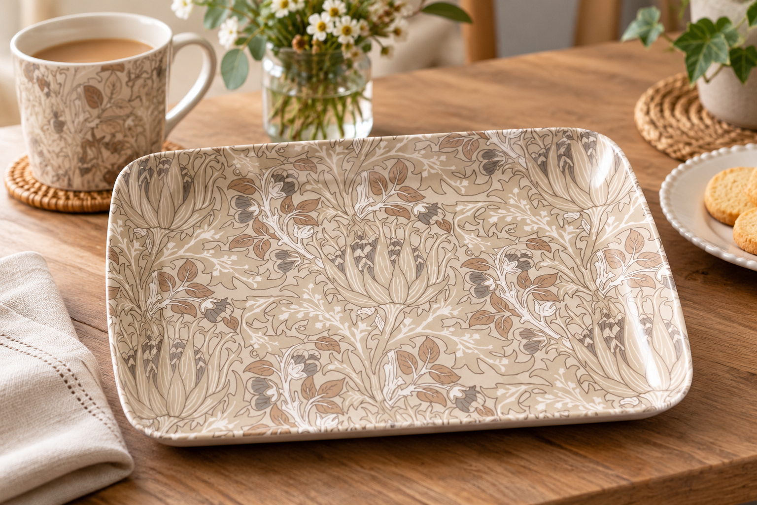 Rectangular ceramic plate with a beige floral pattern on a wooden table, beside a mug of tea and a plate of cookies.