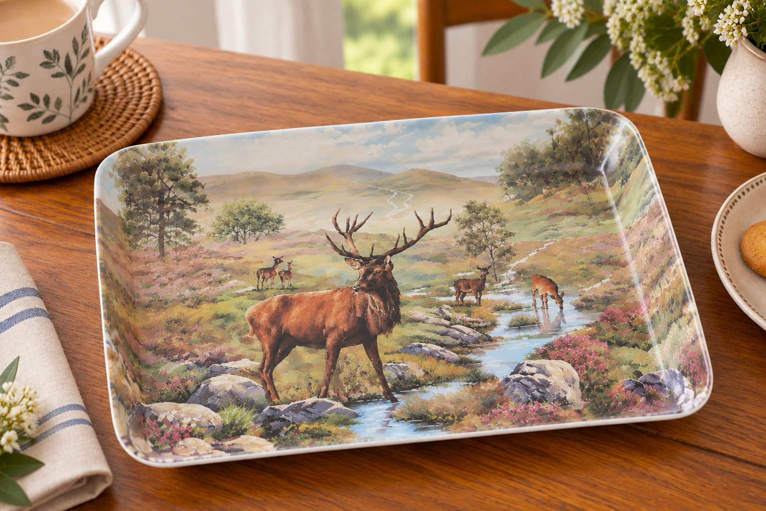 Decorative rectangular plate showing a stag with several deer by a stream in a colorful, hilly landscape by a river valley.