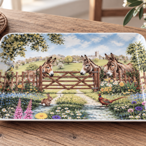 Decorative plate featuring a pastoral scene with three donkeys at a wooden gate, a stream, and abundant colorful flowers nearby.