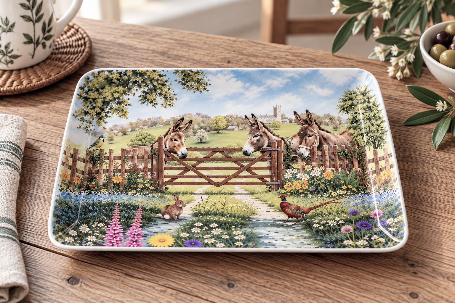 small-tray-donkeys - Butterflygifts Ltd Decorative plate featuring a pastoral scene with three donkeys at a wooden gate, a stream, and abundant colorful flowers nearby.