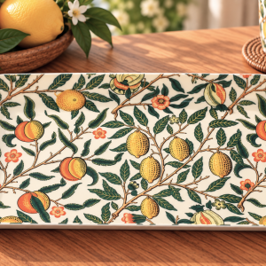 Decorative rectangular tray with a lemon tree motif: yellow and orange citrus on green leaves against a wooden table backdrop.