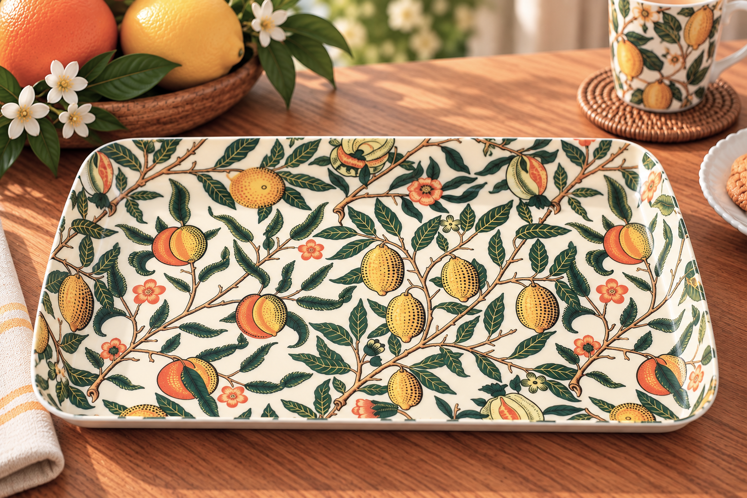 Decorative rectangular tray with a lemon tree motif: yellow and orange citrus on green leaves against a wooden table backdrop.