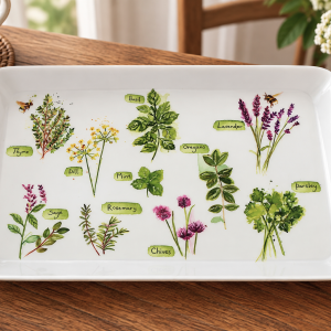White tray with watercolor illustrations of garden herbs and green name tags: thyme, dill, sage, rosemary, chives, mint, basil, oregano, lavender, parsley. Alternative: Herb illustrations on a white tray with labeled plant names. Alternative: Watercolor herb chart on a tray showing common kitchen herbs with green name labels.