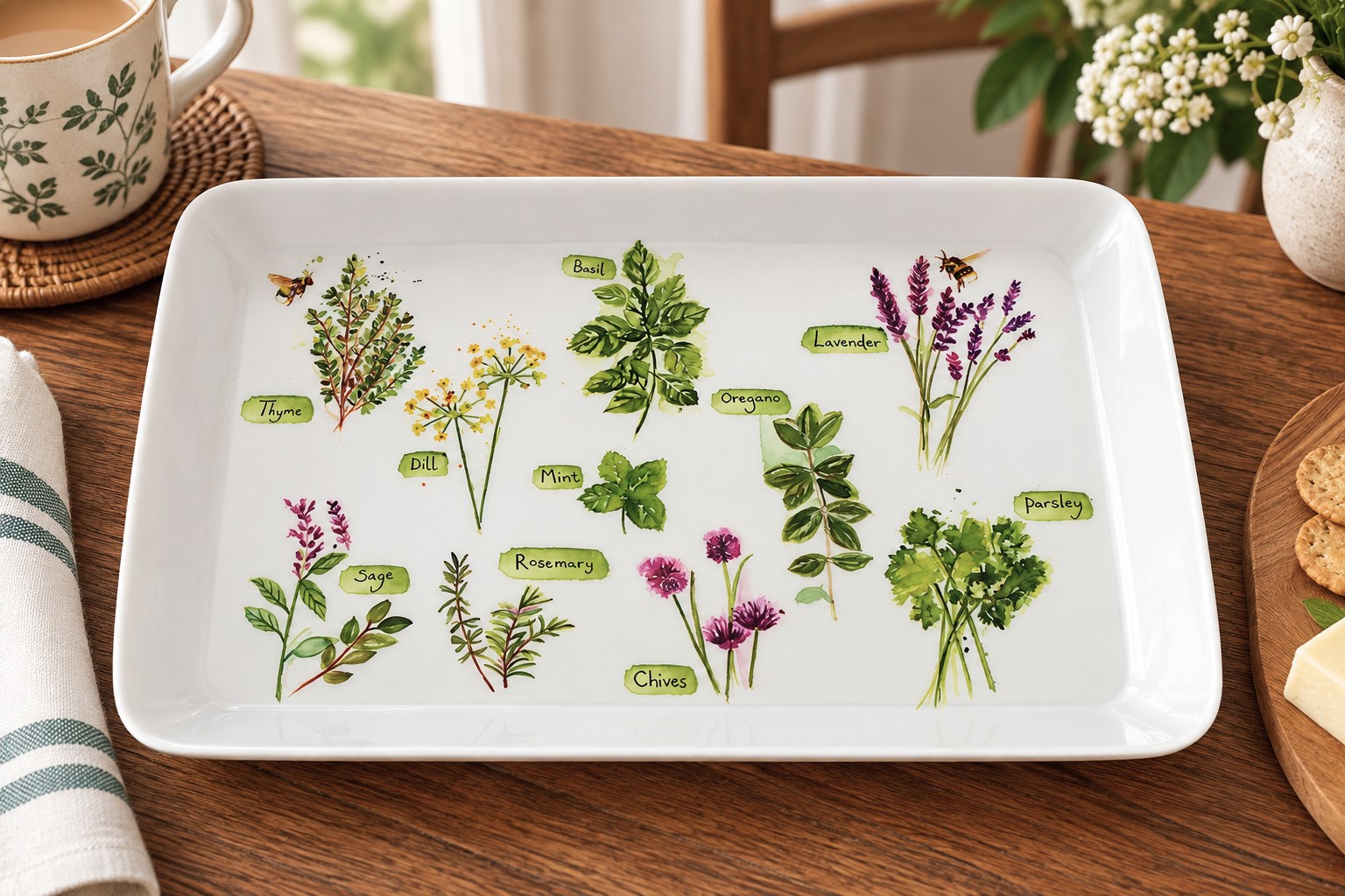 White tray with watercolor illustrations of garden herbs and green name tags: thyme, dill, sage, rosemary, chives, mint, basil, oregano, lavender, parsley. Alternative: Herb illustrations on a white tray with labeled plant names. Alternative: Watercolor herb chart on a tray showing common kitchen herbs with green name labels.
