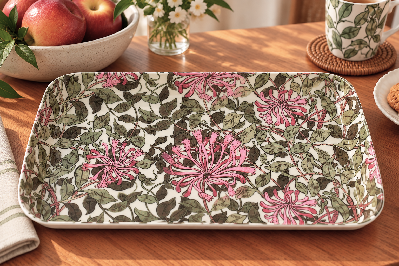 Decorative rectangular ceramic tray with pink blossoms and green leaves on white, resting on a wooden table.