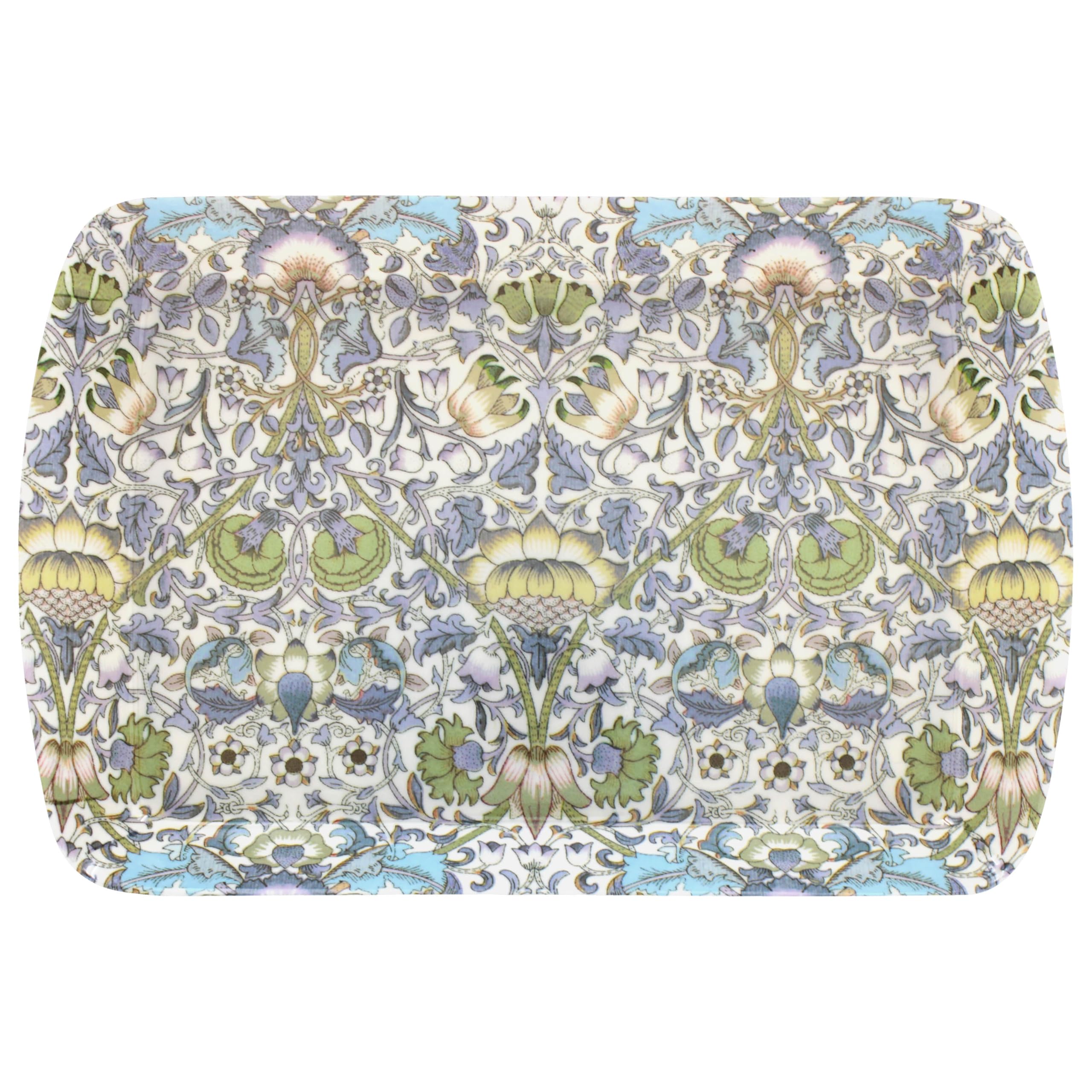 small-tray-lodden - Butterflygifts Ltd Close-up of an ornate floral damask pattern in pastel blues, purples, and yellows on a pale background (fabric-like surface).