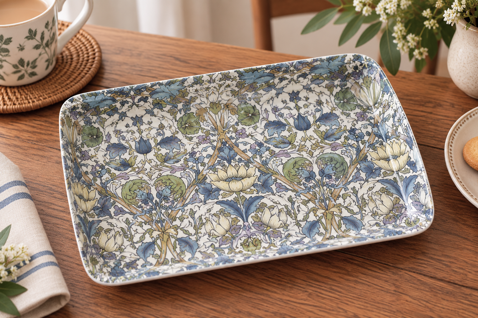small-tray-loddenw - Butterflygifts Ltd Rectangular ceramic serving dish with a blue, green, and cream floral pattern on a wooden table.