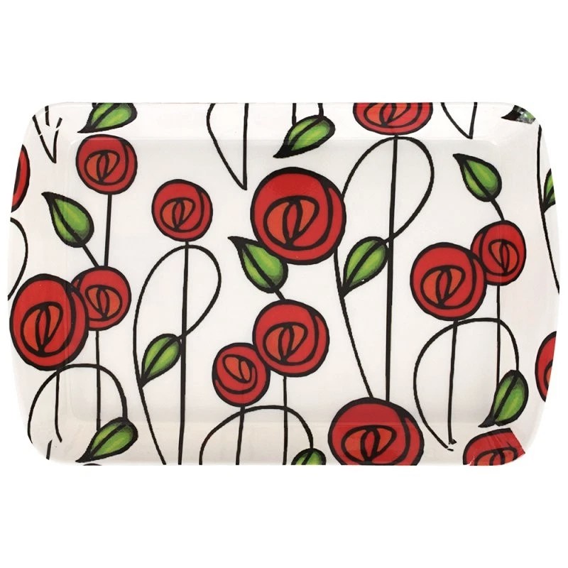 small-tray-mackintosh - Butterflygifts Ltd Decorative serving tray with a red rose pattern and green leaves on a white background.