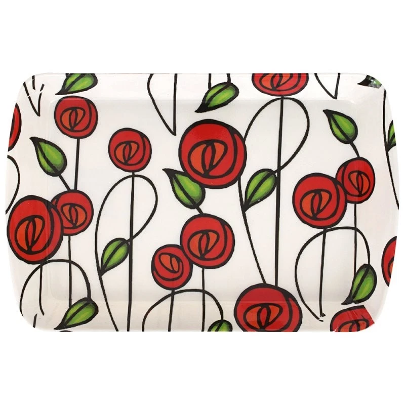 small-tray-mackintosh - Butterflygifts Ltd Decorative white tray with red rose pattern and green leaves on black stems