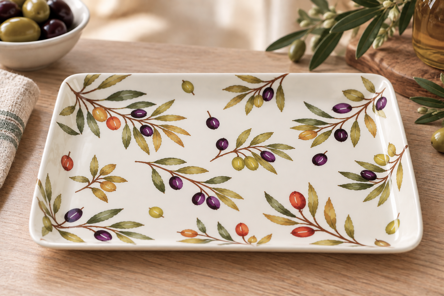 small-tray-olive - Butterflygifts Ltd Decorative white ceramic serving plate with a colorful olive branch pattern on a wooden table.