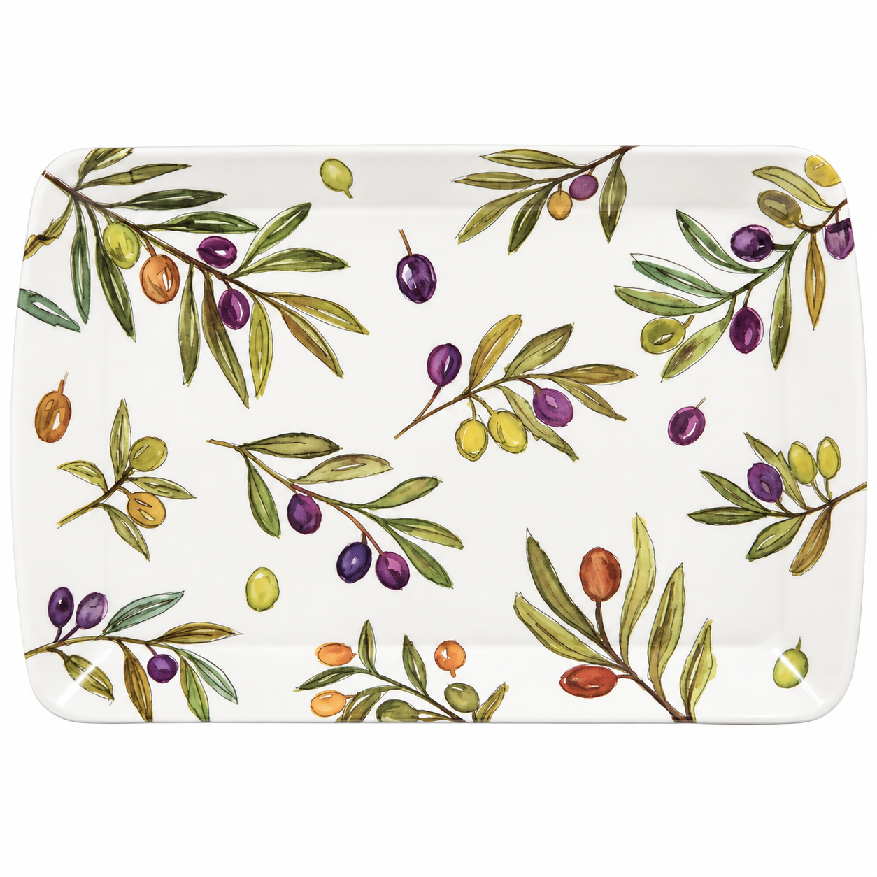 small-tray-olives - Butterflygifts Ltd White ceramic plate with watercolor olive branches and colorful olives on a white background.