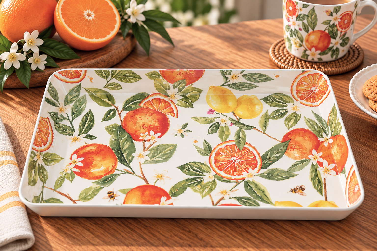 small-tray-orange - Butterflygifts Ltd Rectangular decorative tray with orange and lemon citrus pattern on a wooden table, accompanied by a matching mug and cookies nearby.