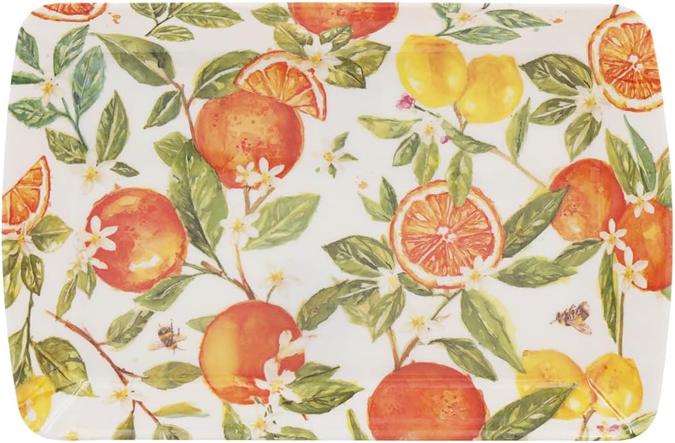Decorative platter with bright orange and yellow citrus fruits, green leaves, flowers and bees on a white background.