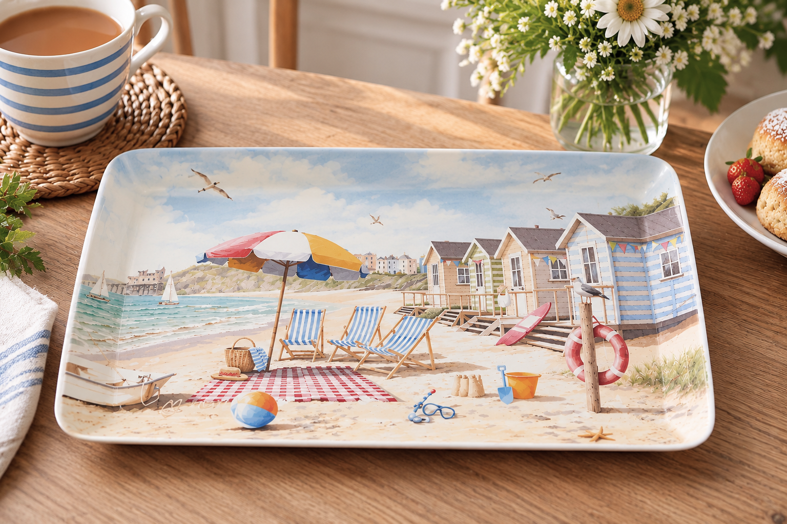 small-tray-sandy-bay - Butterflygifts Ltd Beach-themed decorative plate showing striped chairs, umbrella, sand, and pastel beach huts by the sea.