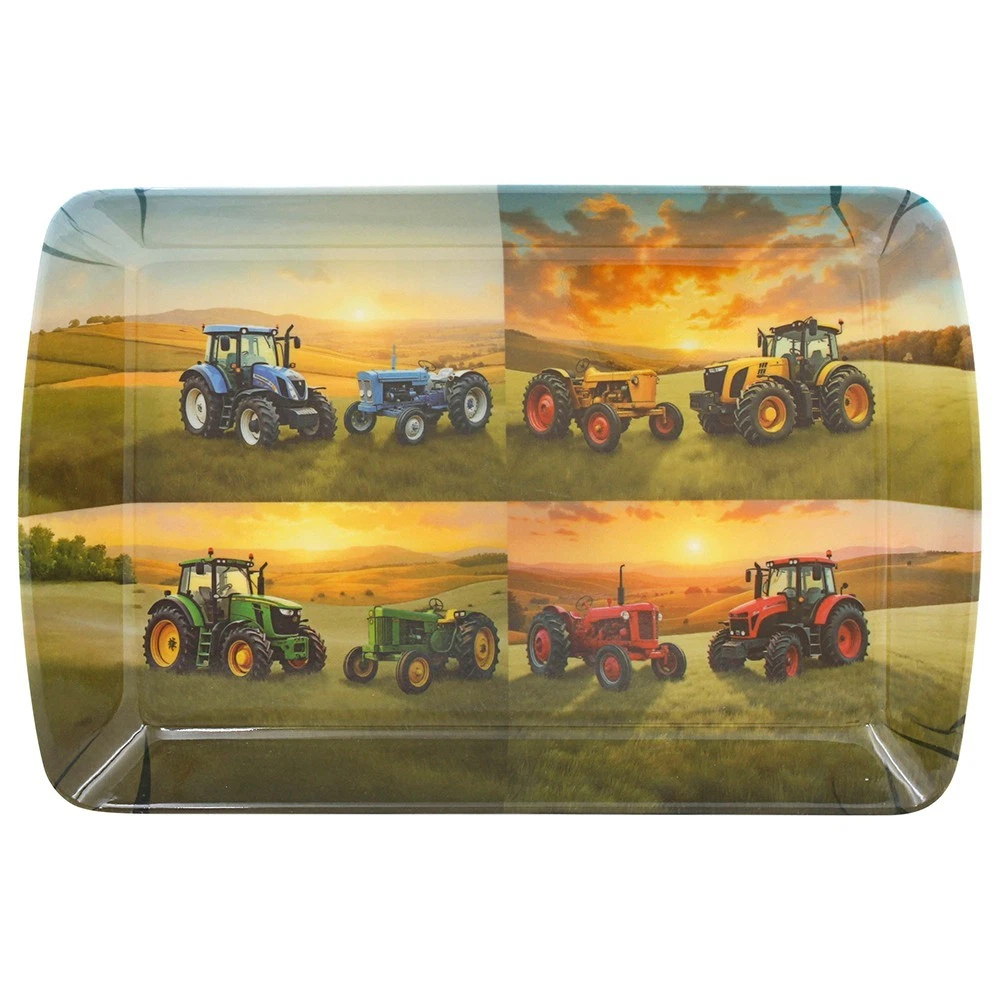 small-tray-tractor - Butterflygifts Ltd Rectangular metal tray with a print of eight colorful tractors in a sunset countryside scene on a grassy field.