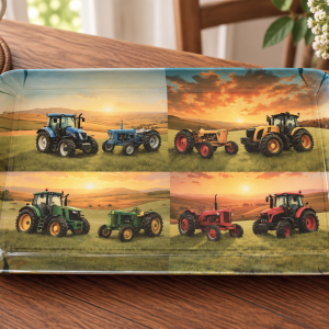 Rectangular tray featuring a four-panel collage of farm tractors in green fields at sunset/sunrise.