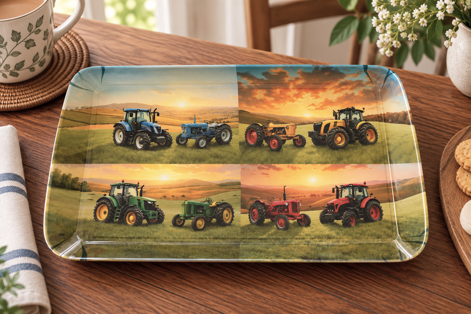 Rectangular tray featuring a four-panel collage of farm tractors in green fields at sunset/sunrise.