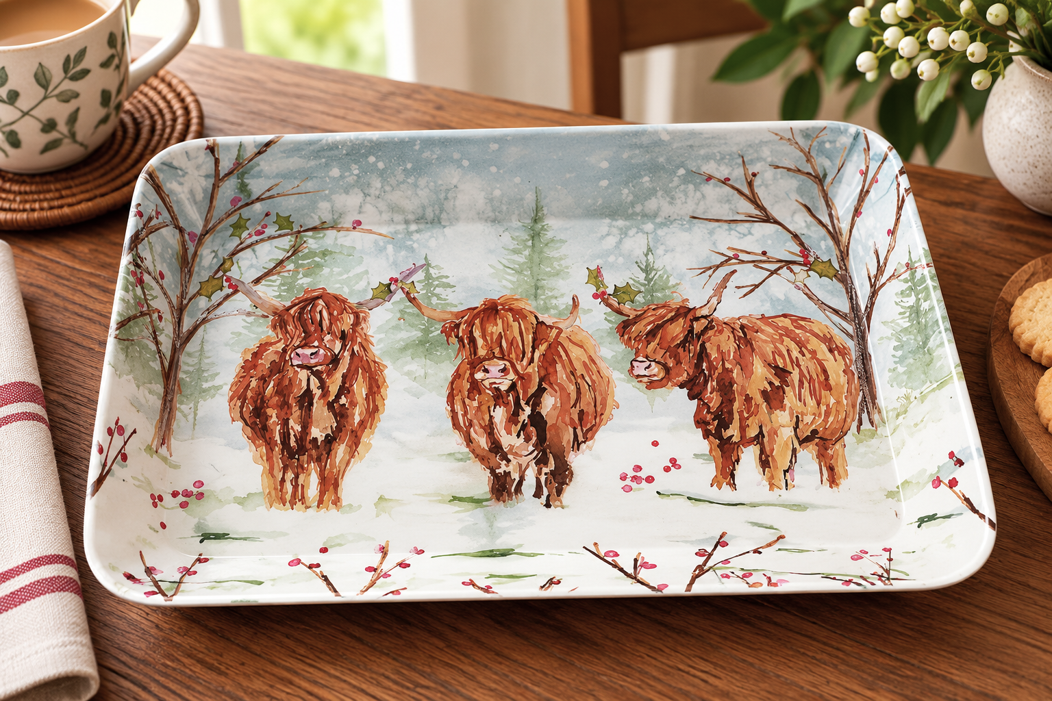 Rectangular ceramic plate featuring a winter scene with three shaggy Highland cows in a snowy forest.