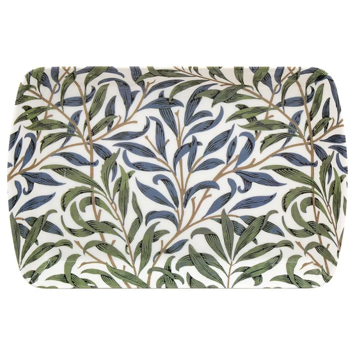 small-tray-willow - Butterflygifts Ltd White pouch with rounded corners featuring a botanical print of green and blue leaves on brown stems on a white background.