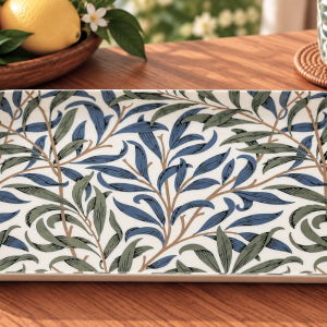 Rectangular ceramic serving tray with a blue-green botanical pattern on a wood table.